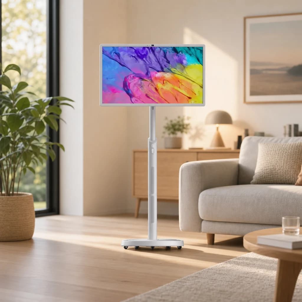 White 21.5-inch Android portable touchscreen in a bright modern living room