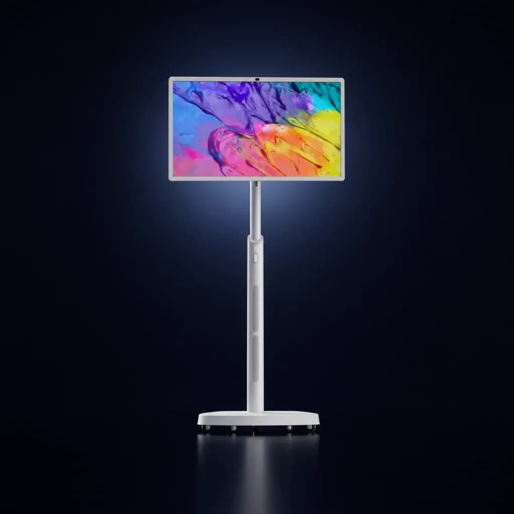 White 21.5-inch Android portable touchscreen on a wheeled stand, shown on a dark background with a subtle glow